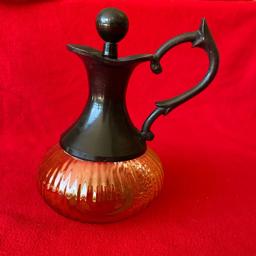 Vintage Yellow Glass Wine Decanter Carafe Pitcher w/ Brass Handle